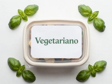 Overhead flatlay, bright natural light on a sealed individual meal box labeled 'Vegetariano', white surface, small fresh basil leaves alongside, lid closed, no food visible—clean and ready