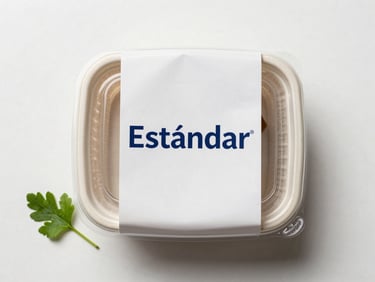 Overhead flatlay, bright natural light on a sealed individual meal box labeled 'Estándar', white surface, single green herb sprig alongside, lid closed, no food visible—clean and ready