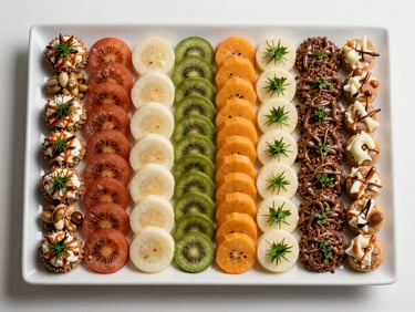 Overhead flatlay of a large rectangular platter with portioned servings arranged in neat rows on a white surface, bright studio light rendering colors accurately, no garnish theatrics, clean and operational framing