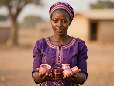 Warm editorial photography of a West African woman presenting her hand-crafted products, soft natural light, shallow depth of field.