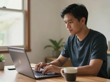 Medium shot, Filipino man in his late 20s at a home office desk in Cebu, working on a laptop with a browser showing a padlock in the address bar, warm natural window light from the left, coffee mug beside the keyboard, relaxed focused expression