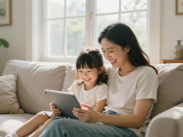 A bright family living room with warm natural light coming from a large window. A mother and daughter are laughing while looking at a tablet together on a cozy sofa, authentic home interior, soft focus, 35mm lens