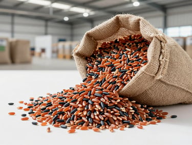Polished grains of Katarni rice spilling from a burlap sack inside a clean, modern agricultural warehouse, bright daylight.