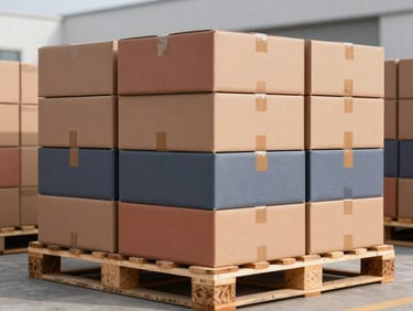Close-up of a structured wooden shipping pallet loaded with neatly stacked export-grade cardboard boxes in a clean, modern warehouse, daylight.