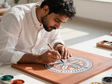 A dignified Bihari artisan carefully painting a Madhubani canvas with natural pigments, bright natural daylight, crisp shadows, 50mm.