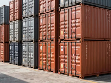 Sharp editorial photography of a modern shipping warehouse, structured wooden pallets stacked with standardized export-grade cargo containers, crisp natural daylight casting long geometric shadows, terracotta and slate tones, 50mm.