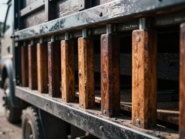 Close-up of polished wooden stakes and heavy steel bolts on a traditional Colombian truck body, dramatic side lighting, workshop environment
