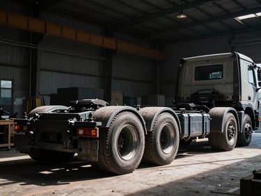 Massive steel chassis of a double-axle truck under construction in a dark workshop, dramatic overhead lighting casting deep shadows, 35mm