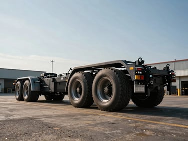 Heroic low-angle shot of a massive steel tractor-trailer chassis in an industrial yard, high-contrast afternoon sun