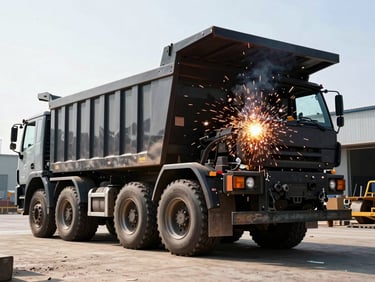 A heavy double-axle dump truck body under construction, dramatic sparks flying from welding, high-contrast workshop lighting