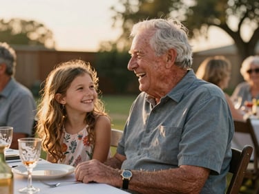 Medium candid shot of an elderly grandfather laughing with his granddaughter during a backyard reception under warm Texas golden hour light.