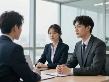 Quiet collaborative meeting of two corporate professionals in a modern glass-walled office, bright daylight, focused and calm.