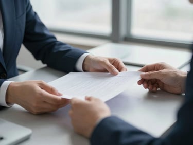 Close-up of hands reviewing physical documents on a clean slate gray desk, soft natural window light, professional atmosphere.