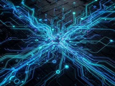 Sleek 3d render, dark mode aesthetic, glowing neon blue and teal data streams, high-contrast tech lighting, macro perspective of a digital network map