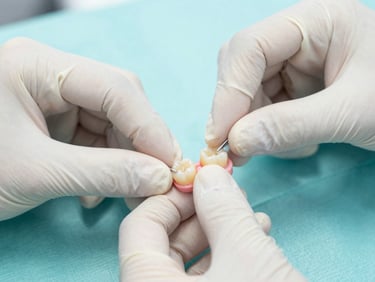 Close-up of a temporary dental crown being fitted onto a tooth, dentist's hands in focus, soft clinical light.