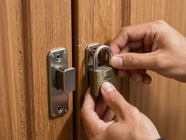 Close-up of a technician's hands removing an old cylindrical lock from a wooden door, new replacement lock beside it on the doorstep, direct flash lighting revealing tool marks on the door edge