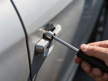 Extreme close-up of a car door lock cylinder being worked on with a slim jim tool, vehicle door edge in frame, harsh midday light casting sharp metal reflections