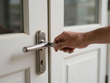 Close-up of a residential front door handle and deadbolt being unlocked by a technician's hand, natural daylight from the side, raw documentary framing, real job site