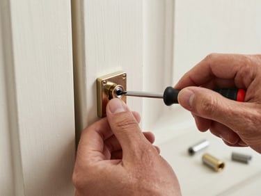 Close-up of a locksmith's hands removing a cylinder lock from a door plate with a screwdriver, workshop lighting, raw and direct, new lock parts visible on surface beside