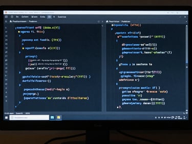Extreme close-up of clean code on a dark high-end monitor, sharp electric blue highlights, low-key moody studio lighting, symmetrical composition.