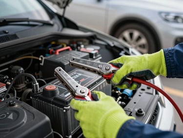 Close-up of jump-start cables clamped to a car battery terminal, technician's lime-gloved hands securing the clamp, engine bay open, bright daylight, another vehicle parked alongside