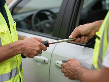 Close-up of a technician in lime safety vest using a slim-jim tool on a car door lock, hands focused and steady, bright Texas daylight, car interior visible through window