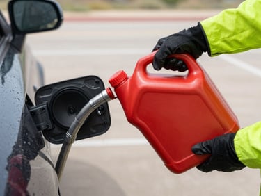 Close-up of gloved hands pouring fuel from a bright red jerry can into a car's fuel door on a Texas roadside, lime-green technician sleeve visible, bright daylight, concrete shoulder in background