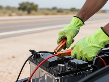 Close-up of gloved hands connecting jumper cables to a car battery on a bright Texas roadside, lime-green safety gloves vivid against matte black battery terminals