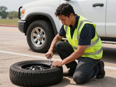 Technician in lime high-visibility vest kneeling beside a flat tire on a Texas roadside, hands on lug wrench, service vehicle parked behind in bright daylight