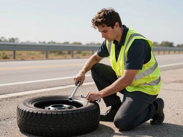 Technician in lime safety vest kneeling beside a flat rear tire, hands gripping a lug wrench mid-turn on a highway shoulder, bright Texas midday light, asphalt and guardrail in background
