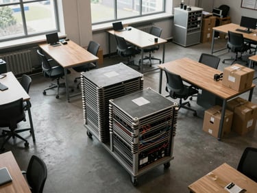 Overhead study of an office floor being cleared, desks stacked on trolleys, cable-managed equipment boxed and labeled, warehouse daylight from a high window, no staff visible