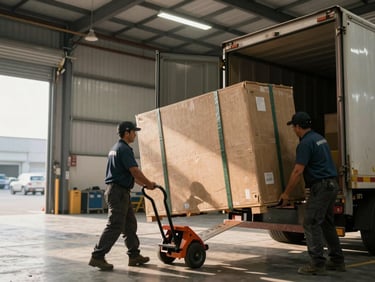Wide loading bay shot, workers using a hand truck to roll a heavy crate onto a truck bed, afternoon warehouse light, ramp and securing straps visible, no faces shown