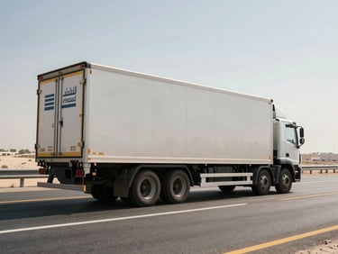 Wide shot of a covered moving truck on a UAE highway at midday, heat haze visible on tarmac, vehicle signage on the side door, no passengers visible