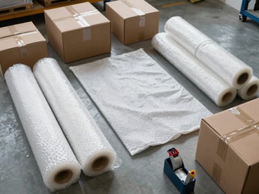 Overhead view of packing materials laid out on a warehouse floor — bubble wrap rolls, moving blankets, cardboard boxes of varying sizes, packing tape dispensers, natural daylight