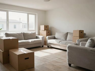 Wide environmental shot of a furnished apartment living room mid-pack, boxes stacked neatly, furniture wrapped in protective padding, natural window light, no people present