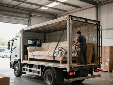 Wide environmental shot of a moving truck's open cargo bay in a bright warehouse, a worker securing furniture with heavy-duty straps and moving blankets, natural daylight through industrial loading bay doors, stacked boxes in the background