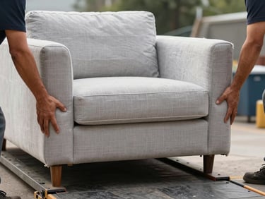 Close-up of two workers' hands gripping either end of a wrapped sofa on a loading ramp, natural daylight, protective blankets visible, no faces shown