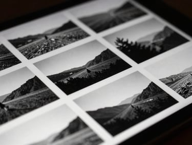 Macro shot of a tablet screen displaying a clean grid of black and white landscape photos, soft side lighting, moody shadows.