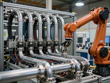 Industrial automation cell with dense cable runs through flexible metal conduit, robotic arm partially visible at right, hard directional warehouse lighting, conduit fittings in sharp focus in foreground