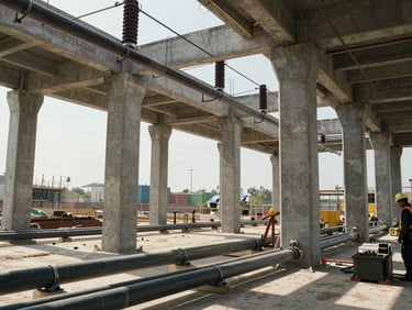 Wide shot of a large infrastructure construction site electrical installation, conduit runs along concrete columns, workers in hard hats visible at right edge, strong north-facing daylight through open structure