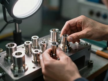 Macro close-up of hands assembling cable glands and conduit adapters on an OEM machine frame, hard studio strobe light, machined metal surfaces visible, industrial workshop environment in background