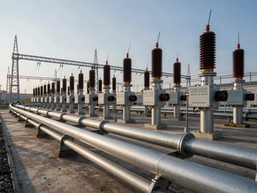 Wide industrial electrical switchyard with conduit systems running along steel pylons, hard directional sunlight from left, high-voltage infrastructure in background, foreground conduit runs in sharp focus