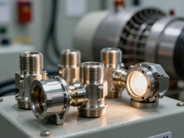 Macro shot of cable glands and conduit fittings mounted on a power plant switchgear panel, hard strobe lighting illuminating metal threading and seals, turbine equipment blurred in background