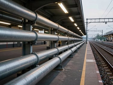 Wide panoramic view of railway electrical conduit trunking along a platform edge, conduit runs fixed to steel structure, hard directional station lighting from above, tracks receding into distance on the right