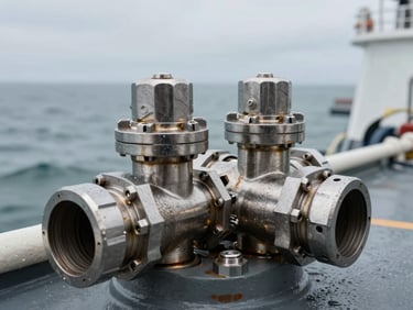 Close-up of stainless steel braided conduit and marine-grade cable glands installed on a ship deck, saltwater environment visible in background, hard overcast maritime light, surface corrosion-resistant fittings in sharp focus