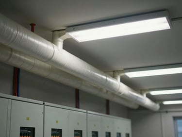 Interior conduit installation in a modern commercial building electrical room, PVC coated conduit runs along ceiling tray, hard fluorescent overhead light, electrical panels visible in the background