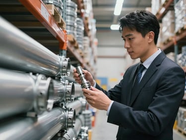 Editorial close shot of a professional in business attire standing beside stacked conduit inventory in a warehouse, examining a cable gland fitting under hard overhead industrial lighting, hands and components sharp in foreground, shelving rows receding into background