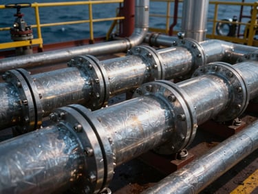 Close-up panoramic view of steel conduit and cable gland assemblies on an offshore oil rig deck, hard industrial strobe lighting, surface texture of galvanized steel visible, pipes and valves in deep background