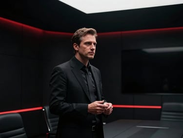Close-up of a modern corporate executive presenting in a dimly lit, high-tech boardroom, with subtle red accent lighting. Cinematic high-contrast minimalism, deep blacks.