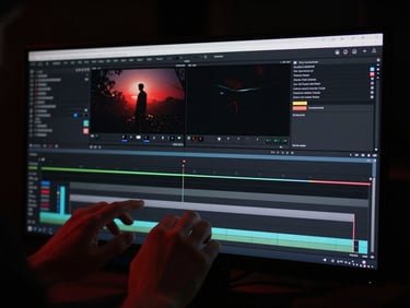 Hands of a video editor working on a high-resolution monitor, color grading interface, dark studio, cinematic, high-contrast, deep blacks.